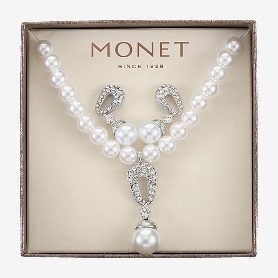 Monet® Simulated Pearl Crystal Double Drop Earring and Necklace Boxed Set