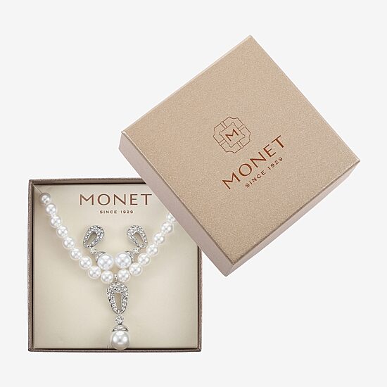 Monet® Simulated Pearl Crystal Double Drop Earring and Necklace Boxed Set