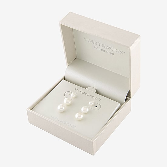 Silver Treasures Cultured Freshwater Pearl Womens White Sterling Silver 3 Pair Earring Set