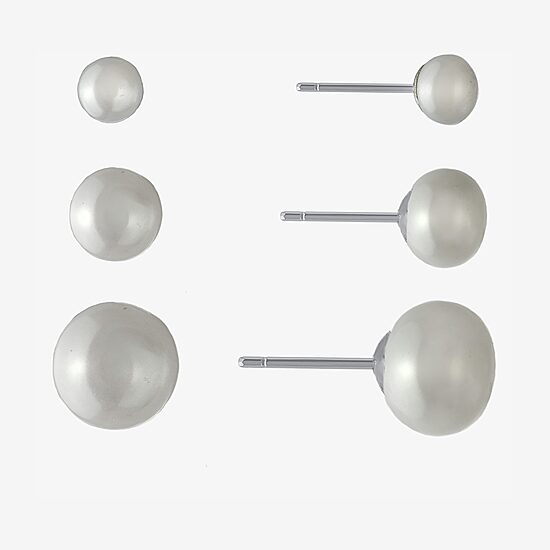 Silver Treasures Cultured Freshwater Pearl Womens White Sterling Silver 3 Pair Earring Set