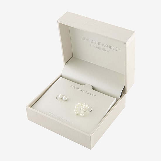 Silver Treasures Cultured Freshwater Pearl Womens White Sterling Silver 2 Pair Earring Set