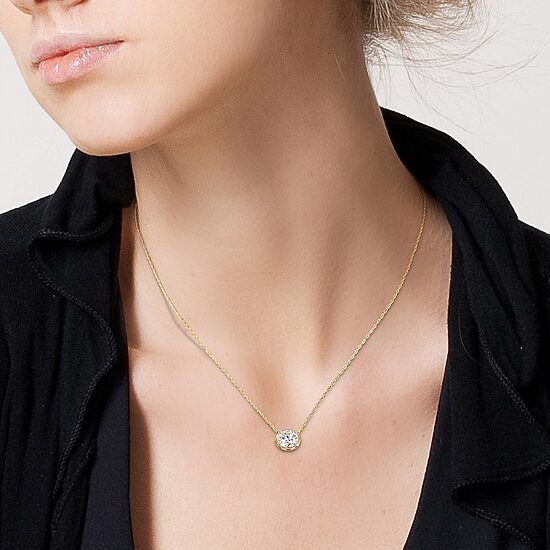 Womens Lab Created White Moissanite 10K Gold Round 17 Inch Pendant Necklace