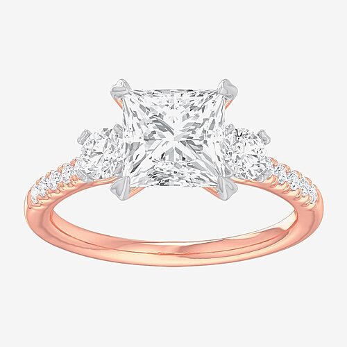 (G-H / Si1-Si2) Womens 2 1/2 CT. T.W. Lab Grown White Diamond 14K Gold Side Stone 3-Stone Engagement Ring, 8, Rose