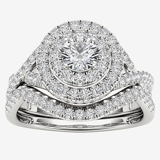 Womens 3/4 CT. T.W. Natural White Diamond 10K Gold Round Side Stone Halo Bridal Set