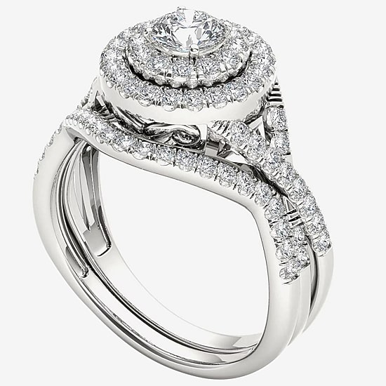 Womens 3/4 CT. T.W. Natural White Diamond 10K Gold Round Side Stone Halo Bridal Set