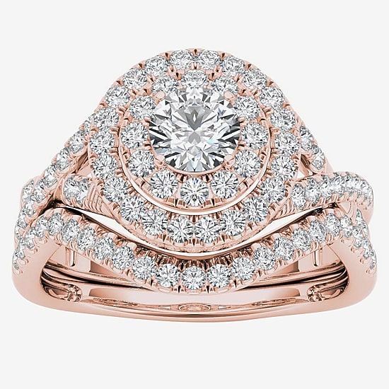 Womens 3/4 CT. T.W. Natural White Diamond 10K Gold Round Side Stone Halo Bridal Set
