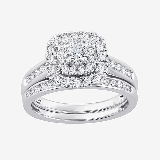 Womens 1 CT. T.W. Natural White Diamond 10K Gold Cushion Side Stone Halo Bridal Set