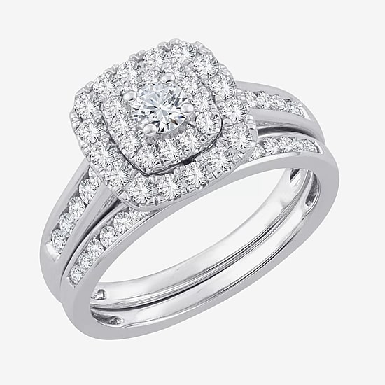Womens 1 CT. T.W. Natural White Diamond 10K Gold Cushion Side Stone Halo Bridal Set