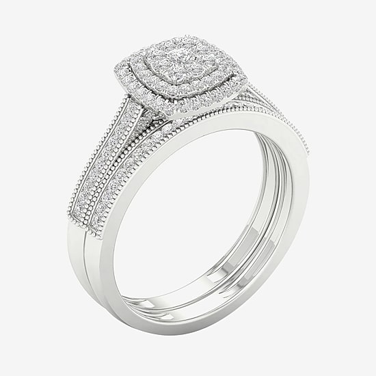 Womens 1/3 CT. T.W. Natural White Diamond 10K Gold Cushion Halo Bridal Set
