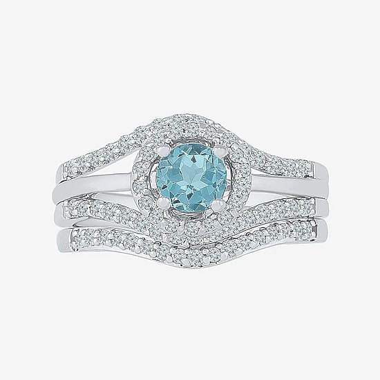 Modern Bride Gemstone Genuine Aquamarine & 1/2 CT. T.W Diamond Sterling Silver Bridal Set