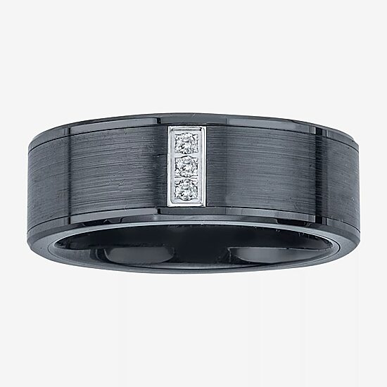 Mens Diamond-Accent Black Stainless Steel & Ceramic 3-stone Wedding Band
