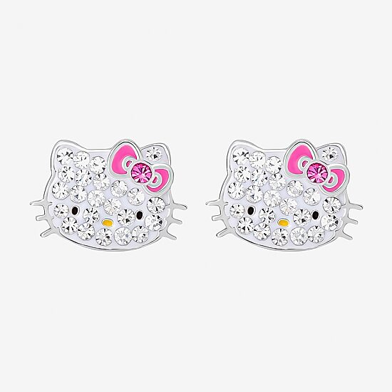 Girls White Crystal Sterling Silver 8.1mm Hello Kitty Hoop Earrings