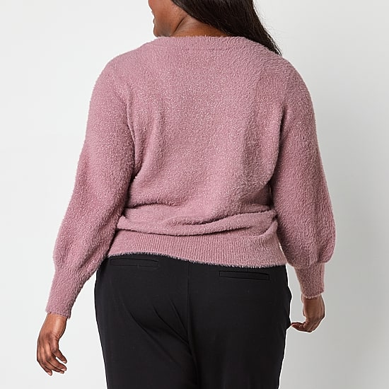 Liz Claiborne Plus Eyelash Womens Crew Neck Long Sleeve Pullover Sweater