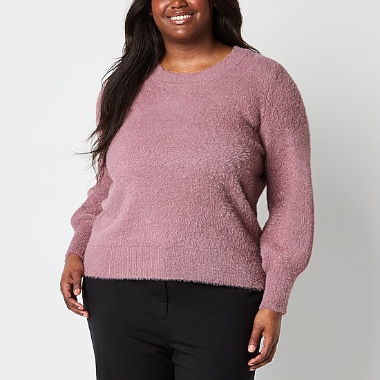 Liz Claiborne Plus Eyelash Womens Crew Neck Long Sleeve Pullover Sweater