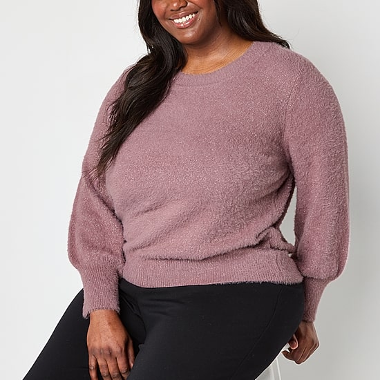 Liz Claiborne Plus Eyelash Womens Crew Neck Long Sleeve Pullover Sweater