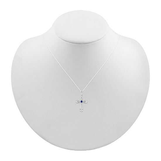 Womens Lab Created Blue Sapphire Sterling Silver Cross 18 Inch Pendant Necklace