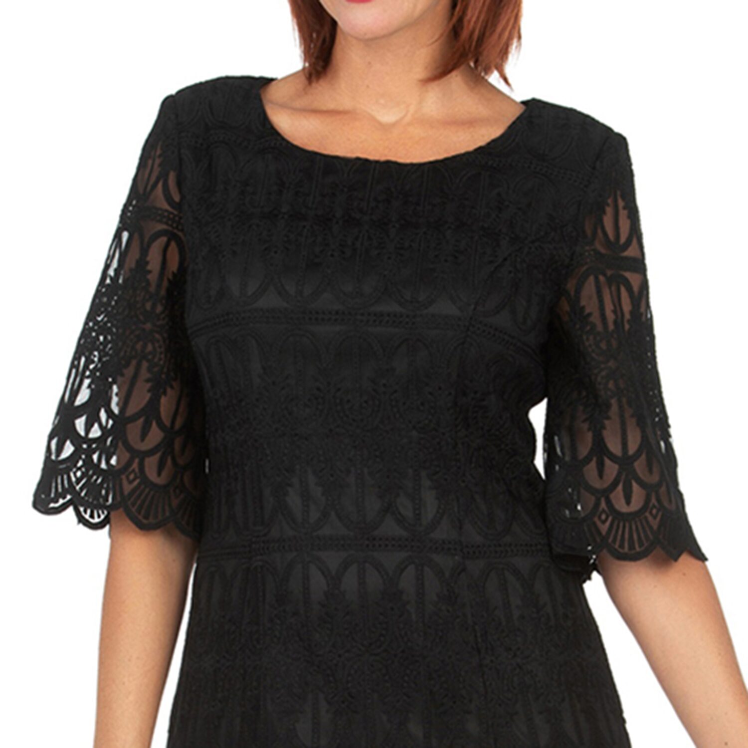Giovanna Signature Womens Midi Round Neck Short Sleeve Lace Fit + Flare Dress