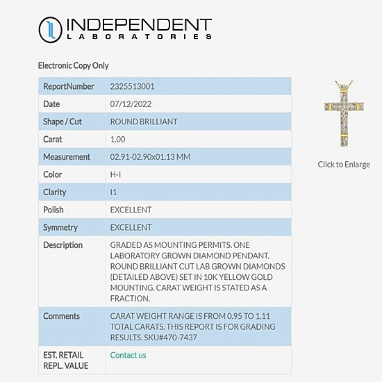 (H-I / I1) Womens 1 CT. T.W. Lab Grown White Diamond 10K Gold Cross 18 Inch Pendant Necklace