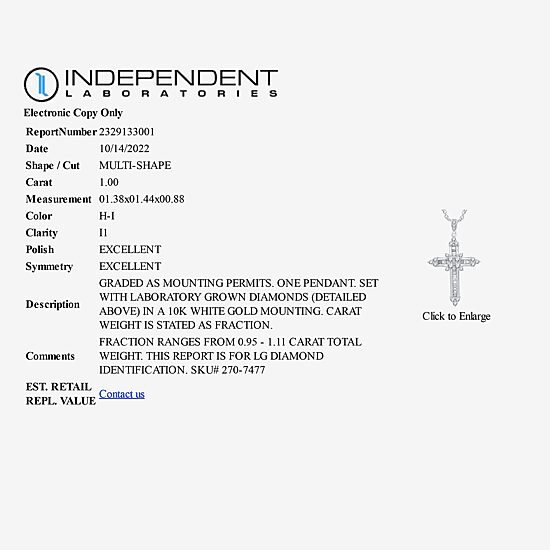 (H-I / I1) Womens 1 CT. T.W. Lab Grown White Diamond 10K Gold Cross 18 Inch Pendant Necklace