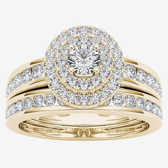 Womens 1 CT. T.W. Natural White Diamond 10K Gold Oval Side Stone Halo Bridal Set