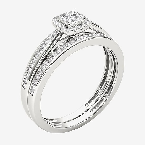 Womens 1/4 CT. T.W. Natural White Diamond 10K Gold Cushion Side Stone Halo Bridal Set