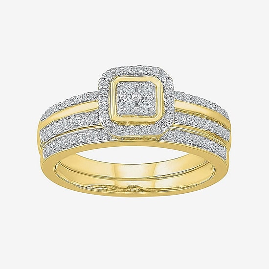 Womens 1/3 CT. T.W. Natural White Diamond 10K Gold Cushion Side Stone Halo Bridal Set