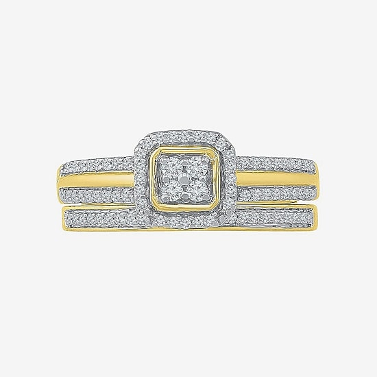 Womens 1/3 CT. T.W. Natural White Diamond 10K Gold Cushion Side Stone Halo Bridal Set