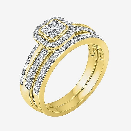 Womens 1/3 CT. T.W. Natural White Diamond 10K Gold Cushion Side Stone Halo Bridal Set