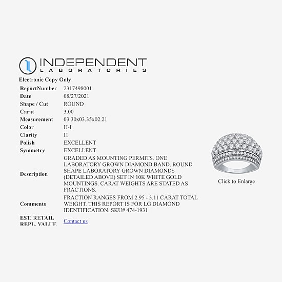 (H-I / I1) Womens 3 CT. T.W. Lab Grown White Diamond 10K Gold Anniversary Band
