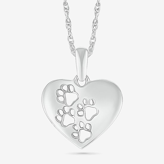Womens 10K White Gold Cut-out Paw Print Heart Pendant Necklace