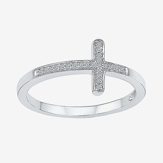 Sideways Womens Diamond Accent Natural White Diamond Sterling Silver Cross Delicate Cocktail Ring