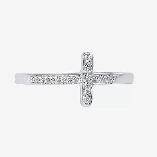 Sideways Womens Diamond Accent Natural White Diamond Sterling Silver Cross Delicate Cocktail Ring