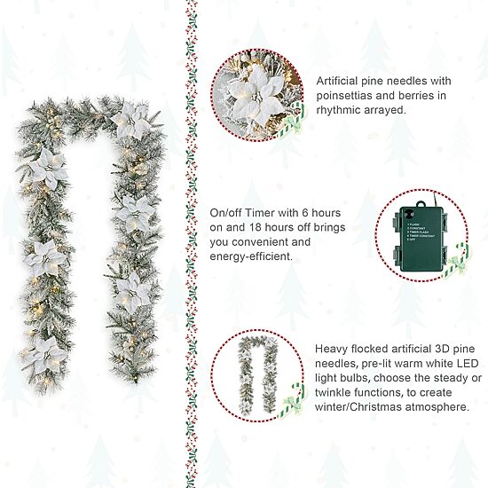 Glitzhome 9ft Pre-Lit Flocked Pine Christmas Indoor Garland