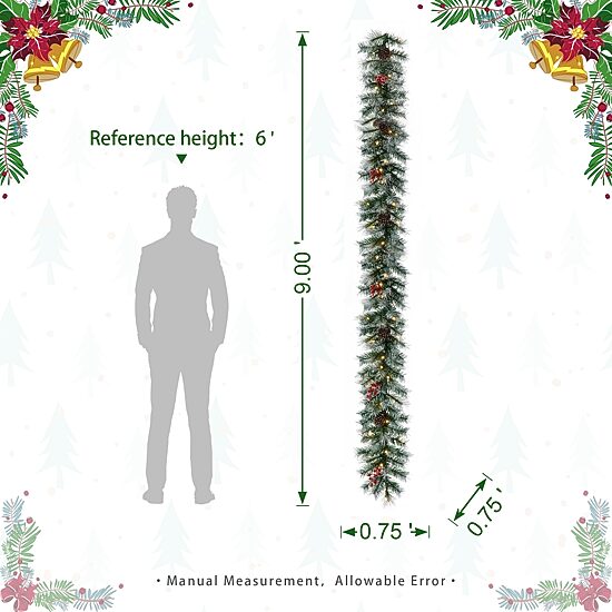 Glitzhome 9ft Pre-Lit Red Berries Christmas Indoor Garland