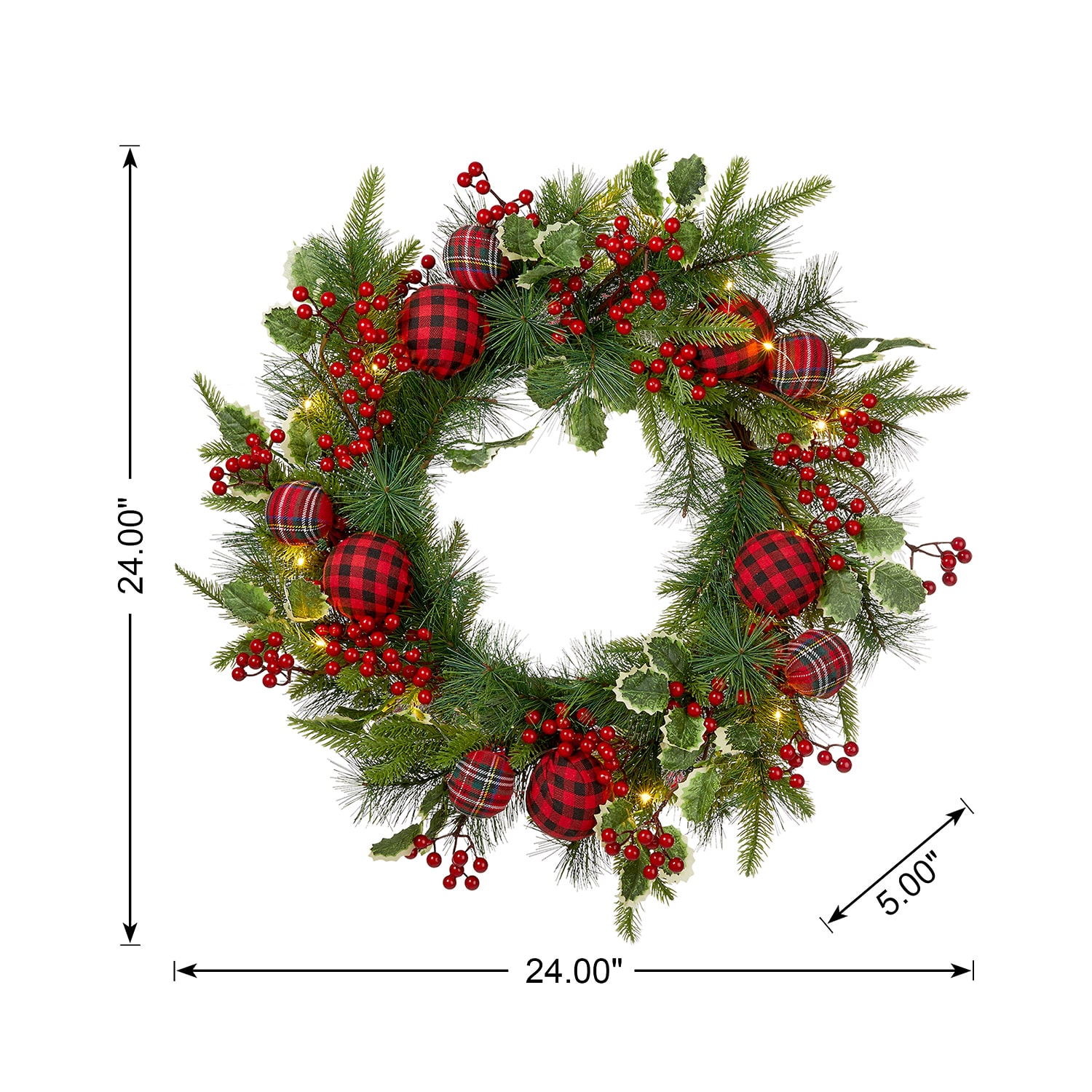 Glitzhome 2ft Ornament Berry Holly Pine Wreath