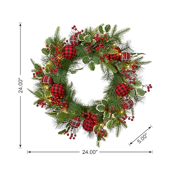 Glitzhome 2ft Ornament Berry Holly Pine Wreath