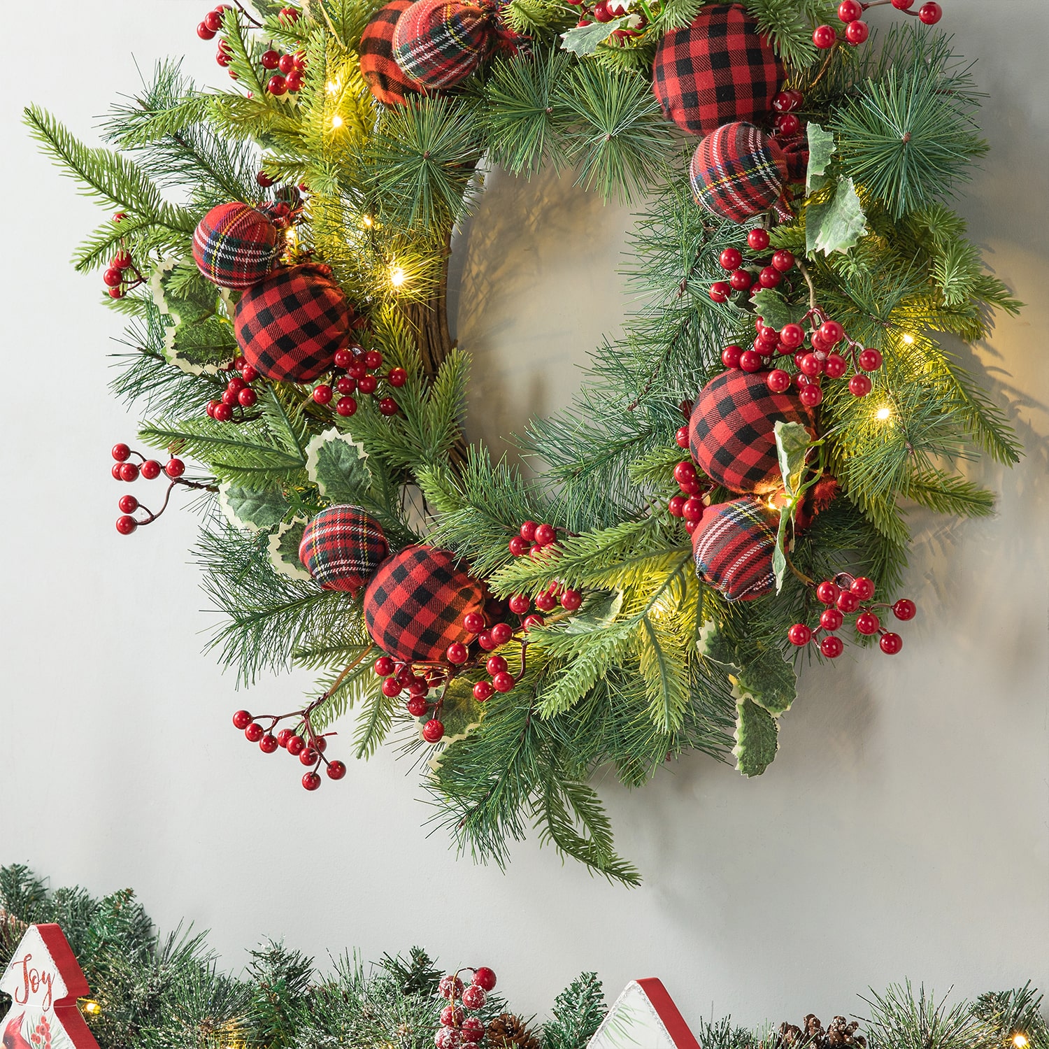 Glitzhome 2ft Ornament Berry Holly Pine Wreath
