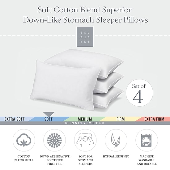 Ella Jayne Superior Cotton Blend Shell Soft Down Alternative Stomach Sleeper Pillow, Set of 4