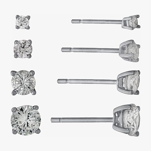 Silver Treasures Womens Cubic Zirconia Sterling Silver Round 4 Pair Earring Set, One Size
