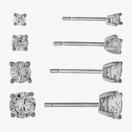 Silver Treasures Womens Cubic Zirconia Sterling Silver Round 4 Pair Earring Set