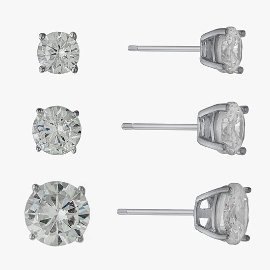 Silver Treasures Womens Cubic Zirconia Sterling Silver Round 3 Pair Earring Set
