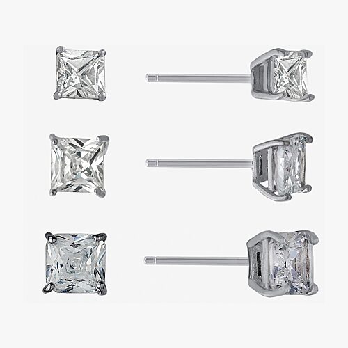 Silver Treasures Womens Cubic Zirconia Sterling Silver Square 3 Pair Earring Set, One Size