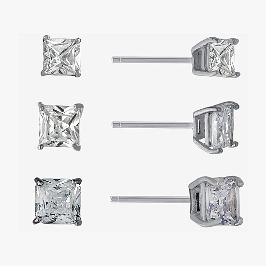 Silver Treasures Womens Cubic Zirconia Sterling Silver Square 3 Pair Earring Set