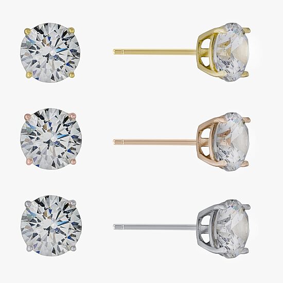 Silver Treasures Womens Cubic Zirconia Sterling Silver 3 Pair Earring Set