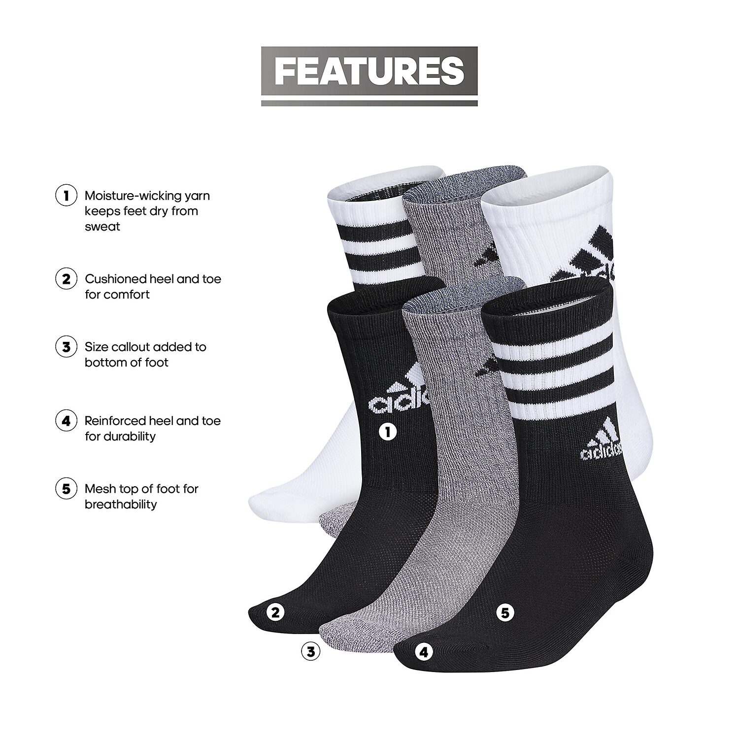 adidas Big Kid Boys 6 Pair Crew Socks