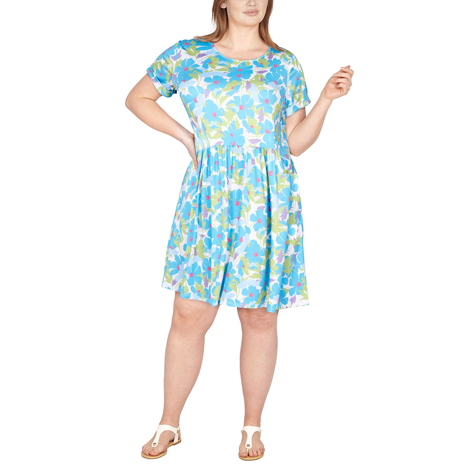 Larky Lark Womens Plus Round Neck Short Sleeve Floral Shift Dress