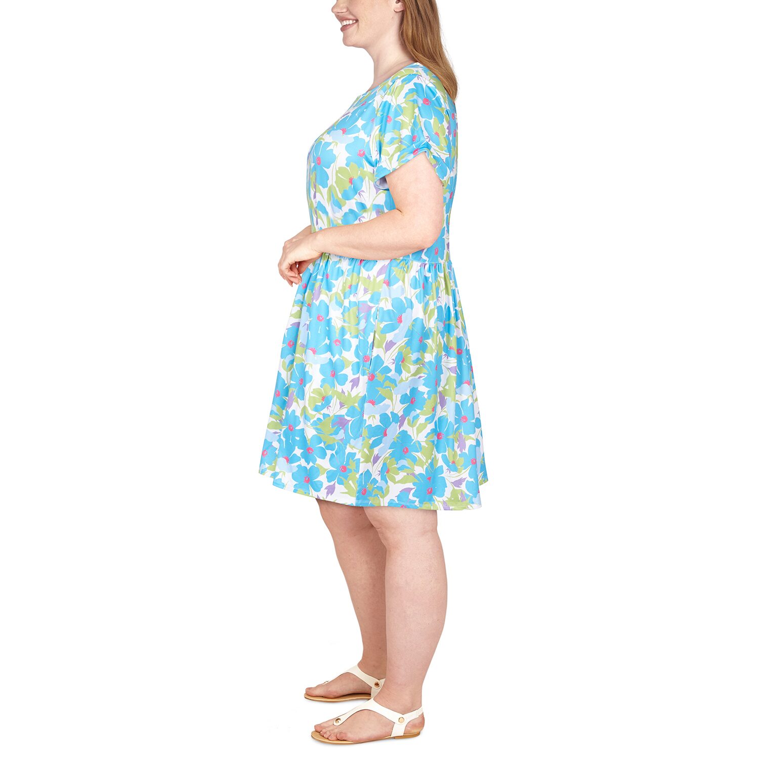 Larky Lark Womens Plus Round Neck Short Sleeve Floral Shift Dress