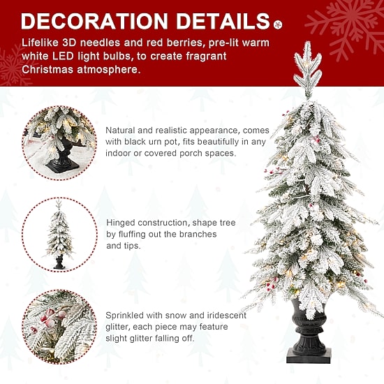 Glitzhome Pre-Lit Flocked Porch 4 Foot Fir Christmas Tree