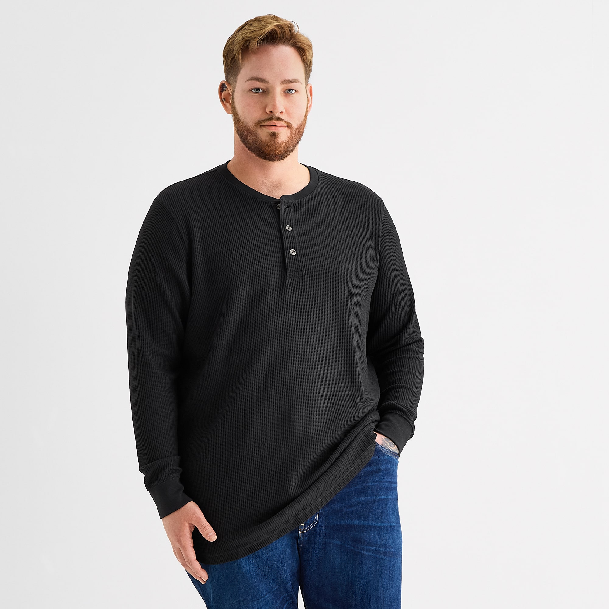 St. John's Bay Waffle Mens Henley Neck Long Sleeve Classic Fit Big and Tall Thermal Top