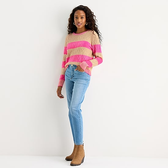 St. John's Bay Womens Crew Neck Long Sleeve Striped Pullover Sweater